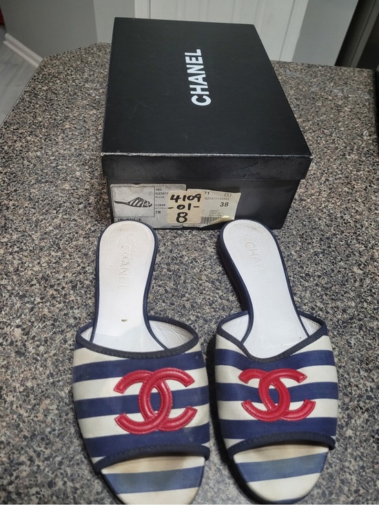 CHANEL Shoes - CHANEL Navy, White & Red Striped Slide Mules
